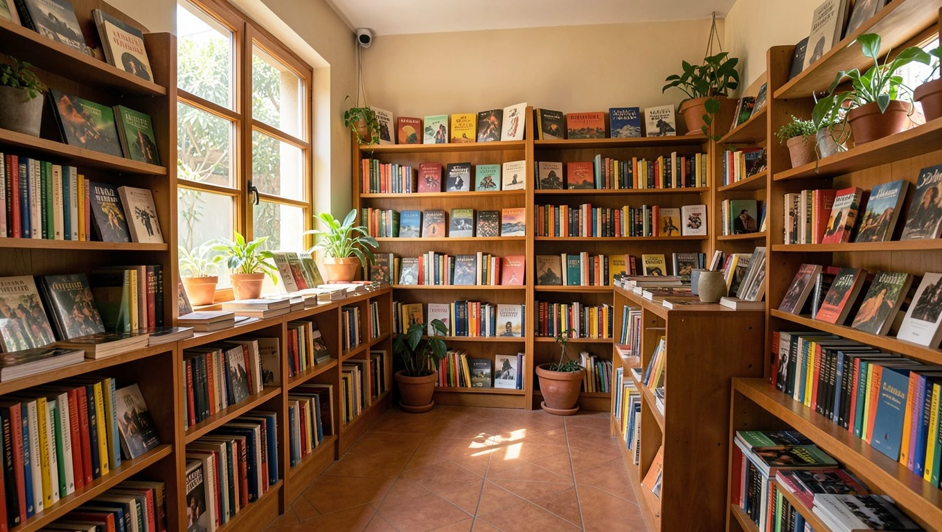 Estantes llenos de libros en una librería acogedora