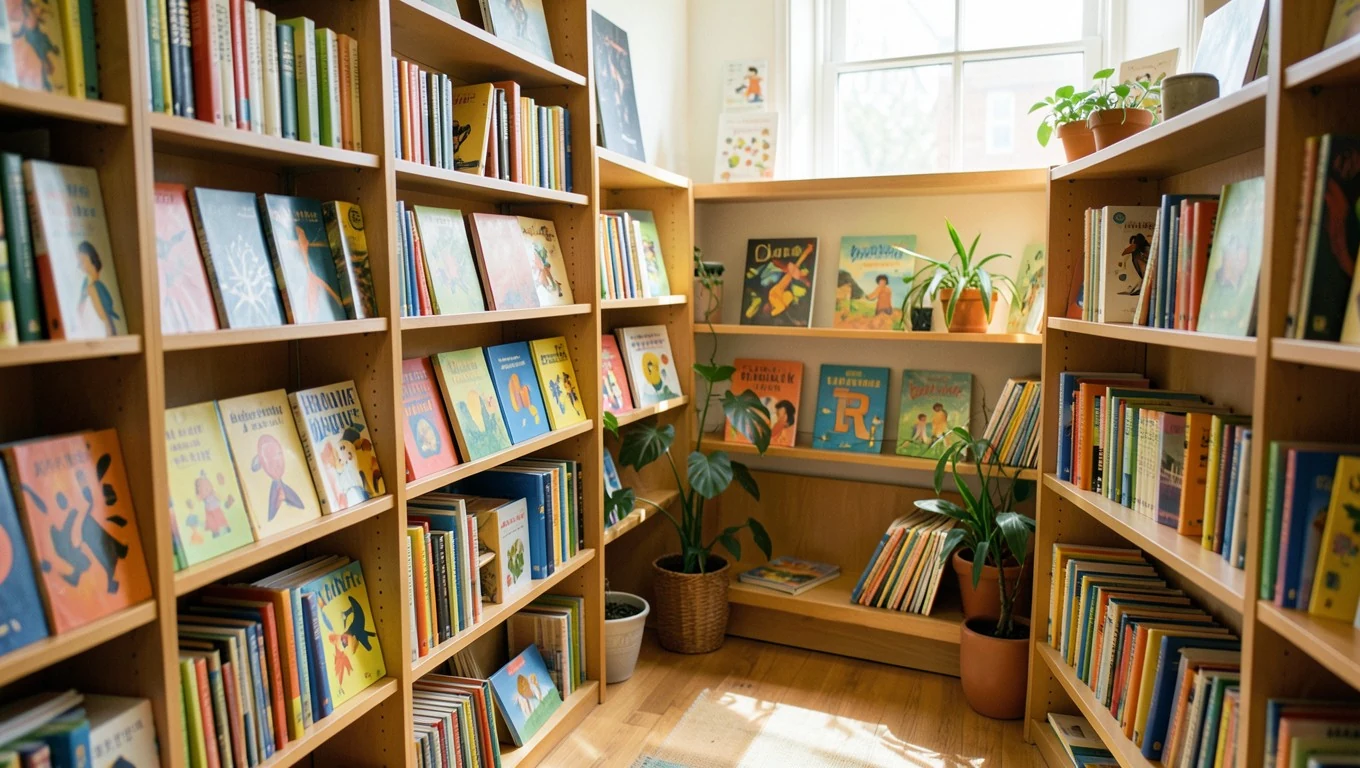 Rincón luminoso de una librería infantil con estantes bajos