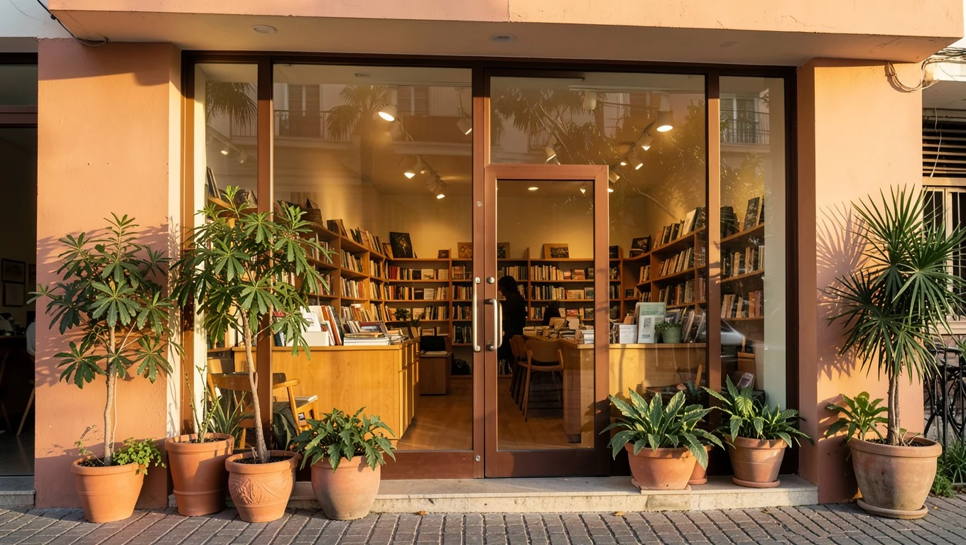 Entrada iluminada de una librería independiente entre plantas