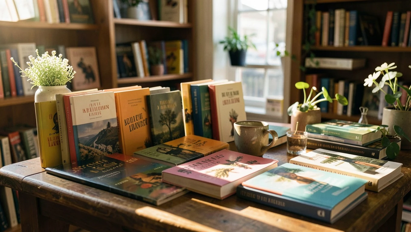 Una selección de libros dispuesta sobre una mesa de madera