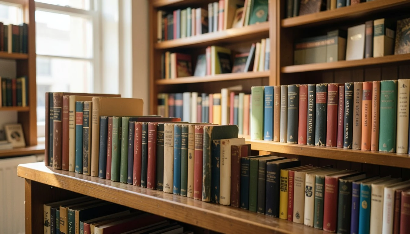 Libros de segunda mano ordenados en una estantería de madera